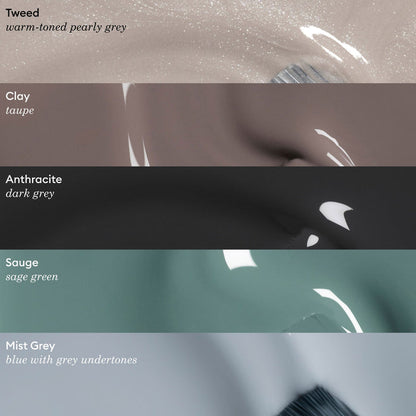 Five Manucurist nail polish shades in horizontal bands: Tweed (warm pearly grey), Clay (timeless taupe), Anthracite (dark grey), Sauge (Green range sage green), and Mist Grey (blue-grey undertone).