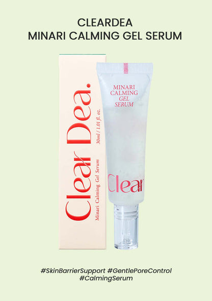 Clear Dea Minari Calming Gel Serum packaging on a light green background