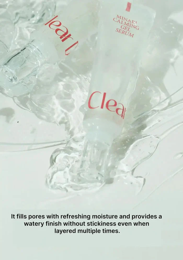 A frosted tube of Clear skin mineral calming gel serum with red lettering, surrounded by clear gel and water droplets on a white background, with a descriptive text overlay at the bottom.
