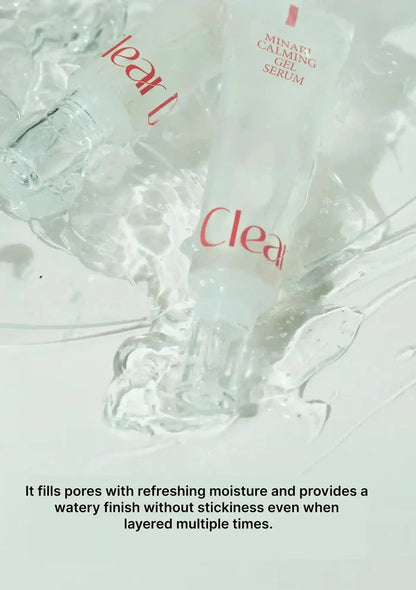 A frosted tube of Clear skin mineral calming gel serum with red lettering, surrounded by clear gel and water droplets on a white background, with a descriptive text overlay at the bottom.