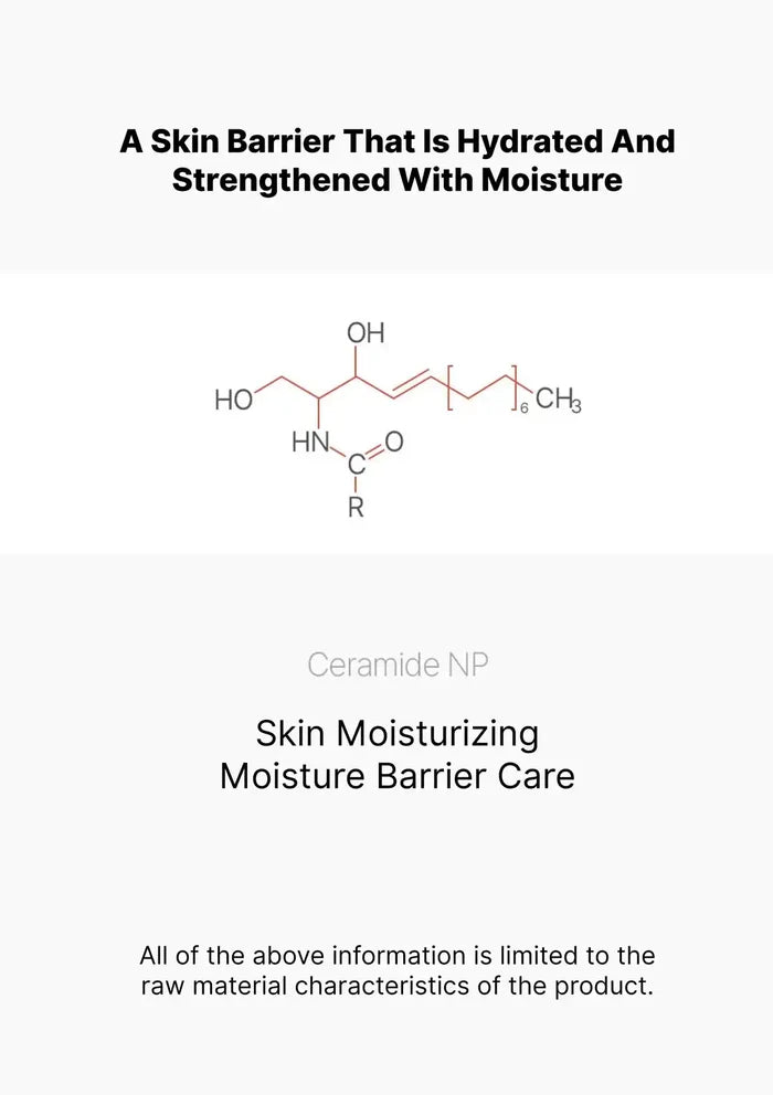 A white informational graphic with black text reading 'A Skin Barrier That Is Hydrated And Strengthened With Moisture,' a chemical structure diagram, 'Ceramide NP,' 'Skin Moisturizing Moisture Barrier Care,' and a disclaimer about raw material characteristics.