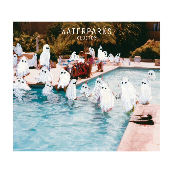 A group of people gather by a pool, with playful white ghost illustrations over them. Waterparks is at the top center, capturing a fun territory where friends crave summer excitement.