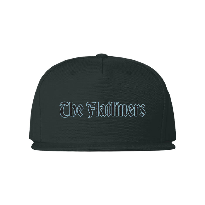 A black snapback hat by The Flatliners, featuring their name in a light blue Gothic font on the front—perfect for fans who love that Cold World vibe.