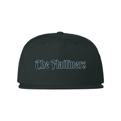A black snapback hat by The Flatliners, featuring their name in a light blue Gothic font on the front—perfect for fans who love that Cold World vibe.