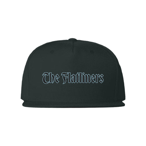 A black snapback hat by The Flatliners, featuring their name in a light blue Gothic font on the front—perfect for fans who love that Cold World vibe.