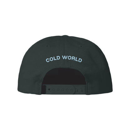 The back of this Black Snapback by The Flatliners features COLD WORLD embroidered in bold white letters above the adjustable strap.