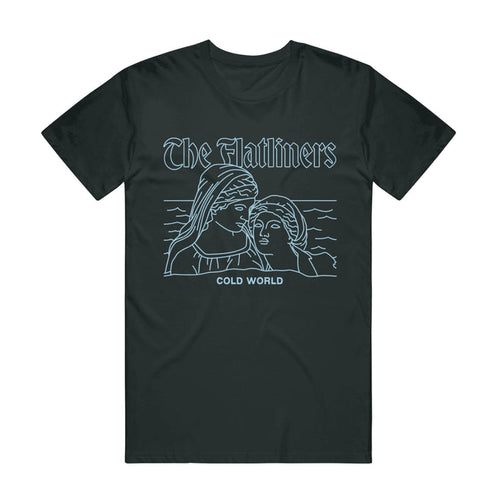 Black Comfort Colors tee by The Flatliners, featuring a line drawing of two people with water behind them, "The Flatliners" above and "COLD WORLD" below the illustration.
