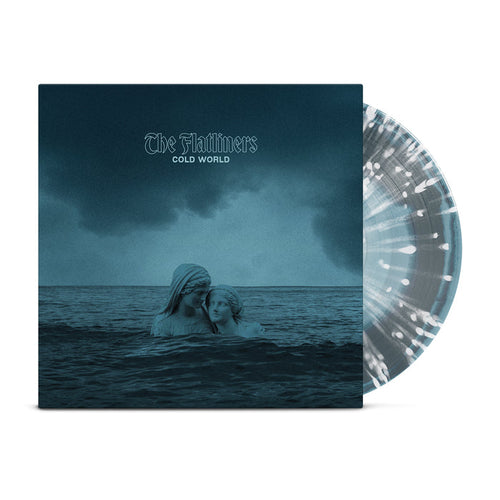 Front cover of Cold World by The Flatliners. The blue-toned artwork features two statues in the sea under a cloudy sky, with a splatter-design vinyl partially visible behind the cover. Brand: The Flatliners.