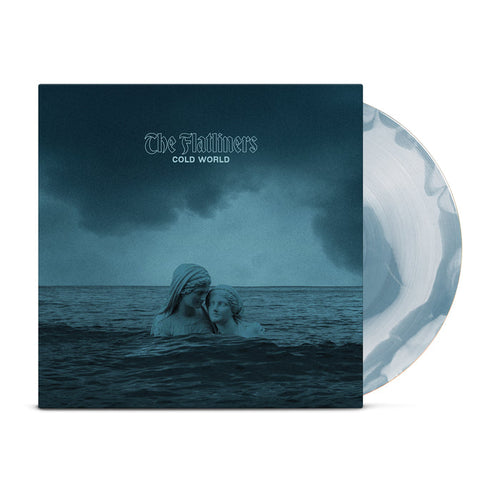 Vinyl record and cover for Cold World by The Flatliners. This Starburst Vinyl LP features a white and gray marbled pattern, highlighting two statues partly submerged in a stormy blue sea beneath cloudy skies. Ideal for collectors. Brand: The Flatliners.