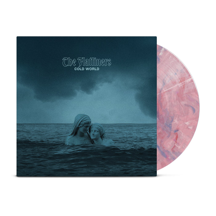 The Flatliners' "Cold World" Red/Blue/Pink Mix marbled vinyl features two statue-like figures in a stormy sea on the cover and is now available for album presale.