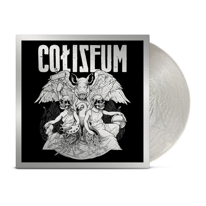 A clear vinyl peeks out of a black jacket with the words "Coliseum" at the top. Below, is a picture of a pig with wings and skeleton figures in dresses below the pig.
