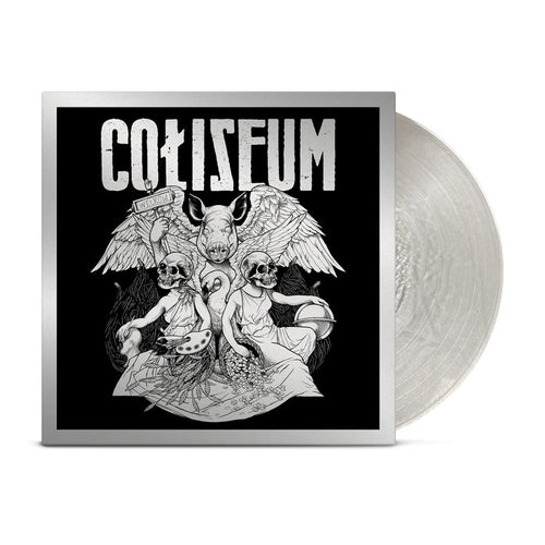 A clear vinyl peeks out of a black jacket with the words "Coliseum" at the top. Below, is a picture of a pig with wings and skeleton figures in dresses below the pig.