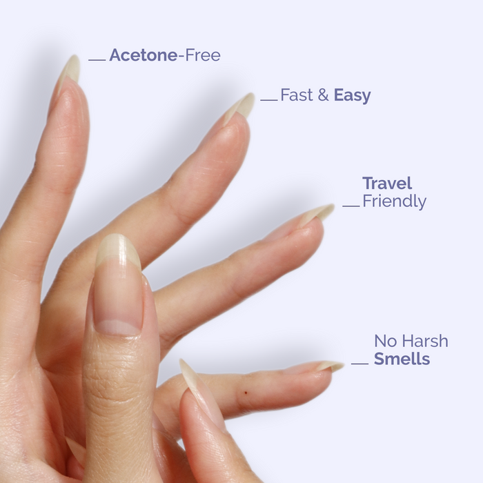 A hand with long natural nails is shown with text labels: "Acetone-Free," "Fast & Easy," "Travel Friendly," and "No Harsh Smells"—making LONDONTOWN's Conditioning Lacquer Remover Pads perfect for effortless, on-the-go nail polish removal.