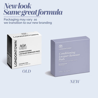 Comparison of previous and updated packaging for LONDONTOWN Conditioning Lacquer Remover Pads: the original comes in a white box, while the new version features a light purple box. Both display the product name and LONDONTOWN branding. Ideal for convenient, on-the-go nail polish removal.