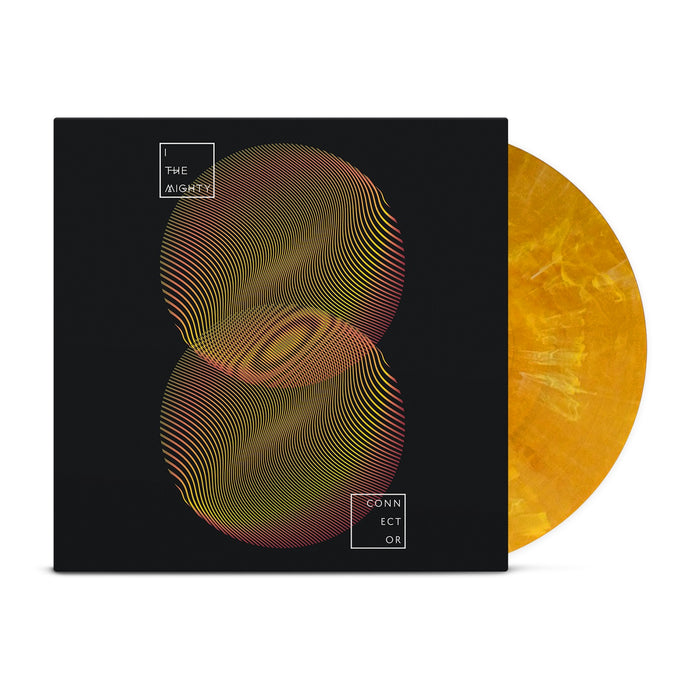 An orange/yellow marble vinyl peeks out of a black cover with two orange and red fingerprint designs overlapping one another. In white words, " I The Mighty" is at the top of the cover and "Connector" is at the bottom.