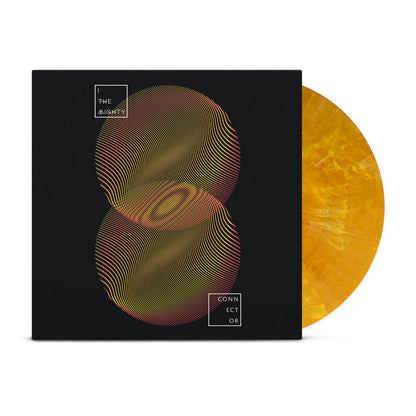 An orange/yellow marble vinyl peeks out of a black cover with two orange and red fingerprint designs overlapping one another. In white words, " I The Mighty" is at the top of the cover and "Connector" is at the bottom.