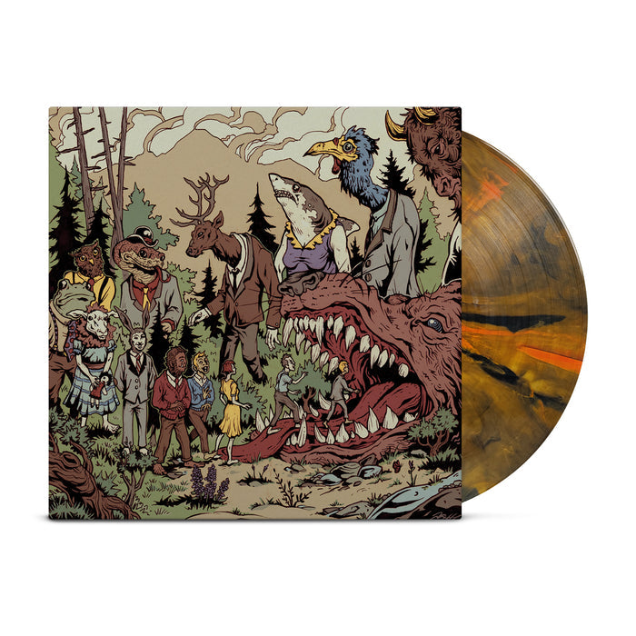 A Lot Like Birds presents a limited edition marbled brown and orange vinyl, partially out of an album cover illustrated with humanoid animals and a dragon in a forest scene—perfect as a true conversation piece.