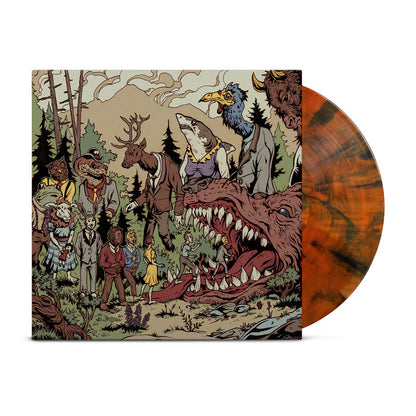 A Lot Like Birds presents a limited edition vinyl with an illustrated cover: oriole-colored marbled orange and brown vinyl featuring suited anthropomorphic animals gathered in a forest around a red monster—a striking collector’s piece.