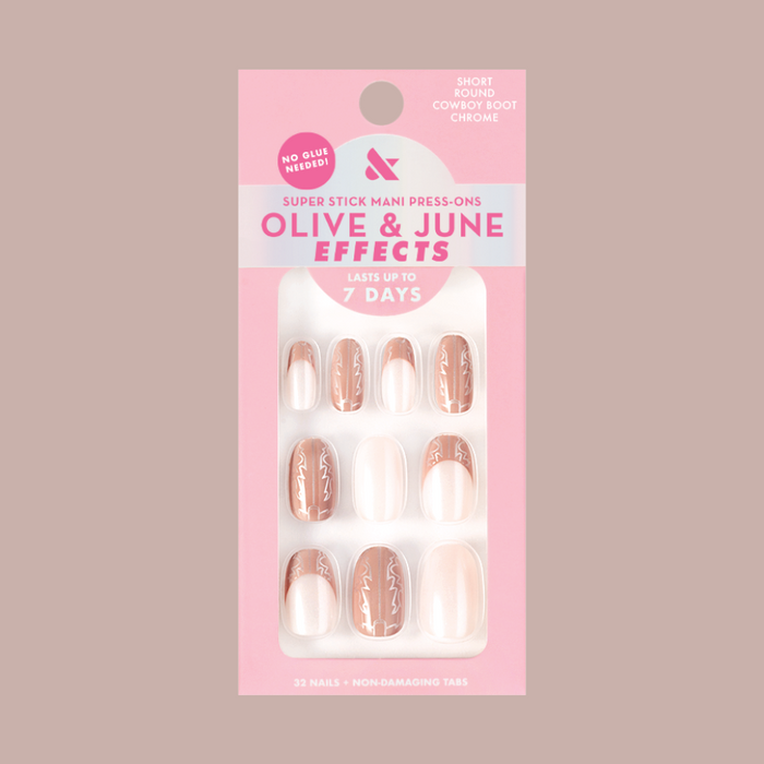 Cowboy Boot Chrome | Short | Round - Tab Press-On nails with chrome shimmer and western boot print for quick at-home mani