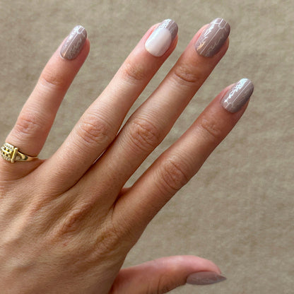 Cowboy Boot Chrome | Short | Round - Tab Press-On nails featuring shimmery chrome with subtle western boot design for an easy mani
