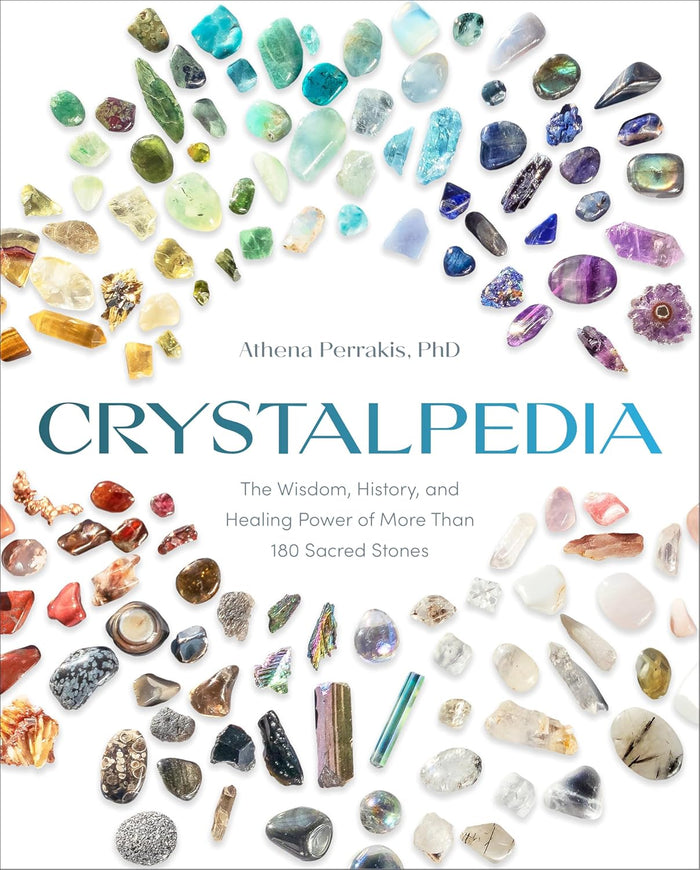 Book cover of 'Crystalpedia' with images of various crystals. Raven's Cauldron, 6 N Sandusky St, Delaware, OH 43015