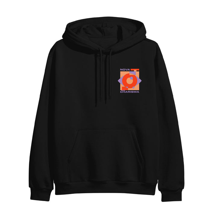 The Nova Charisma Cubist black pullover hoodie showcases a colorful geometric logo with “NOVA CHARISMA” on the left chest, plus a front pocket and adjustable drawstrings for added style and comfort.