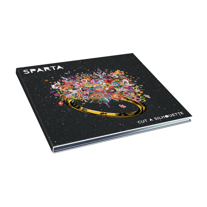 The Sparta black book, titled SPARTA: CUT A SILHOUETTE, showcases a vibrant floral bouquet bursting from a gold ring against a starry backdrop—an ideal choice for any album presale or music bundle.