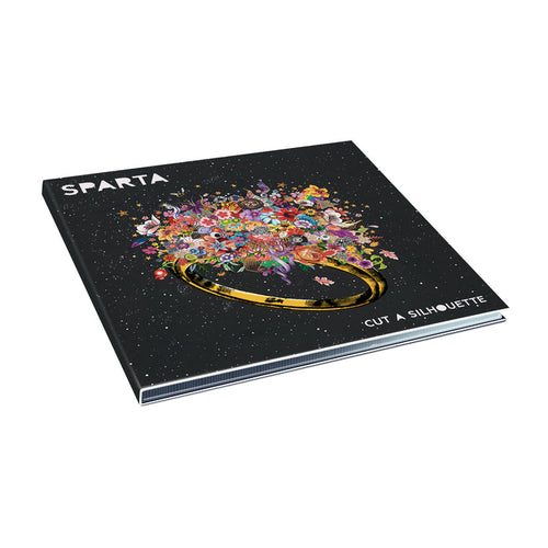 The Sparta black book, titled SPARTA: CUT A SILHOUETTE, showcases a vibrant floral bouquet bursting from a gold ring against a starry backdrop—an ideal choice for any album presale or music bundle.