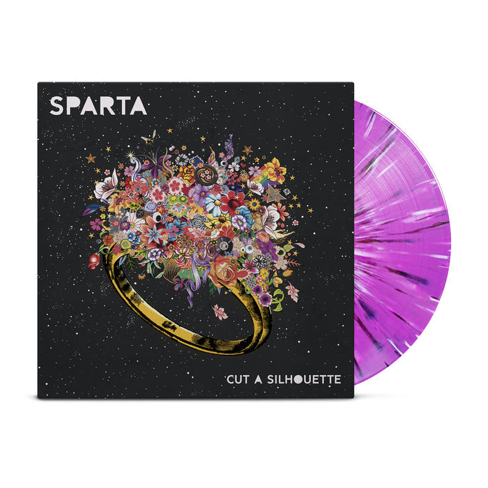 Sparta's Cut A Silhouette album cover showcases a gold ring blooming with flowers on a starry background. A lilac vinyl adds flair, making this presale edition truly striking.