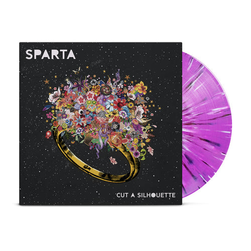 Sparta's Cut A Silhouette album cover showcases a gold ring blooming with flowers on a starry background. A lilac vinyl adds flair, making this presale edition truly striking.