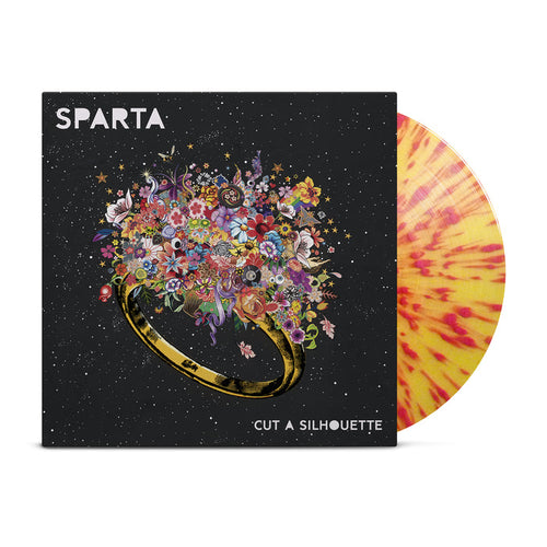 Sparta’s “Cut a Silhouette” album cover shows a golden ring with colorful flowers and a snail on a starry black background. The poppy red splatter vinyl from Sparta appears partially behind the cover.