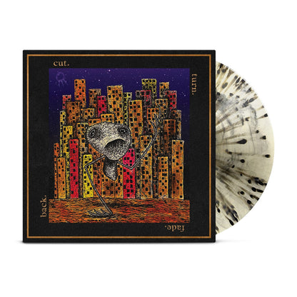 A marbled black-and-white vinyl LP by Hail The Sun peeks out from its cover, featuring colorful, abstract buildings and a surreal figure. “cut. turn. back. fade.” borders the art—ideal for collectors or as part of a presale bundle.