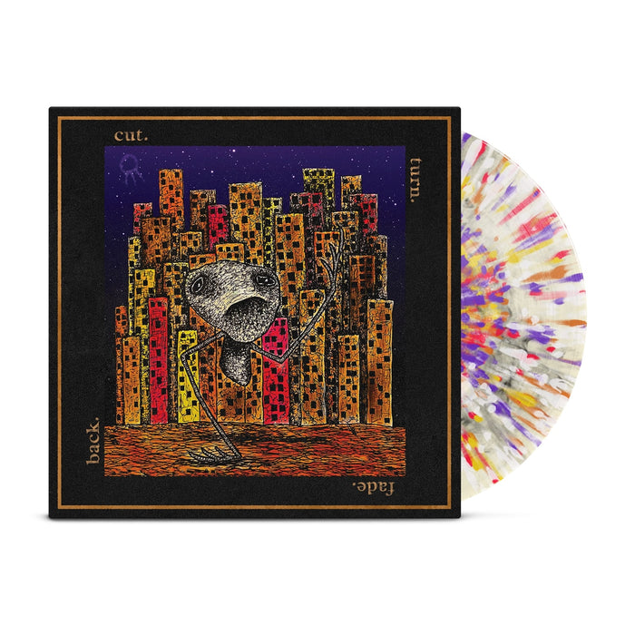 A vibrant splatter vinyl LP by Hail The Sun is partially pulled from a cover showing abstract, multicolored city buildings and a surreal, open-mouthed creature against a night sky. Border text reads: cut. back. turn. fade. Presale available now.
