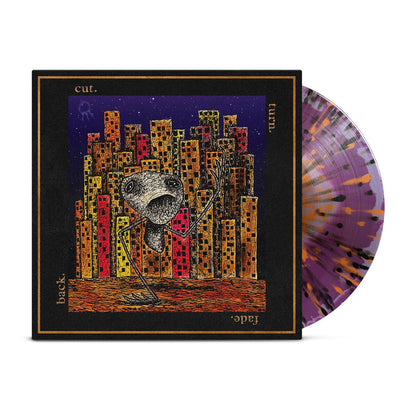 A Purple & Lavender Starburst Vinyl with purple, black, and orange splatter rests beside its cover—abstract cityscape and a stylized figure surround cut. turn. fade. back. Hail The Sun War Crimes presale edition.