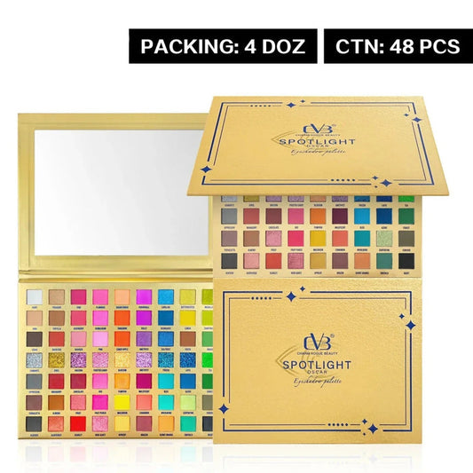 Makeup palette with colorful shades and a mirror, branded 'LVMH Spotlight'.