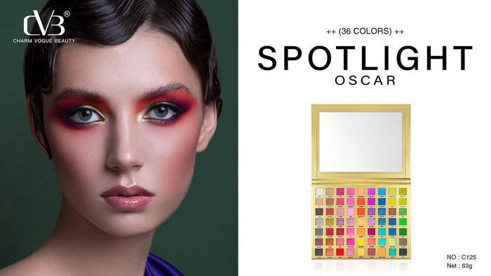 Makeup palette with colorful shades and a model wearing dramatic makeup, featuring the brand 'Charm Vogue Beauty'.
