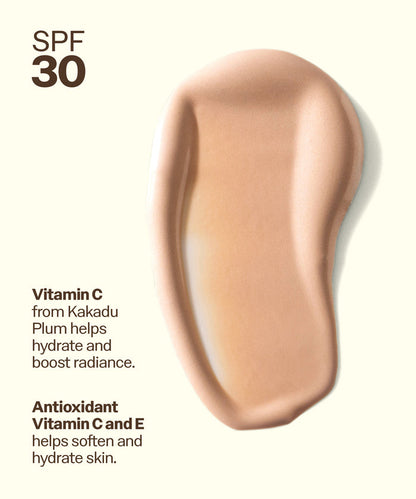 Brown sunscreen swatch on a cream background with SPF 30 text to the side. Vitamin C from Kakadu
Plum helps hydrate and boost radiance.
Antioxidant
Vitamin C and E helps soften and hydrate skin.