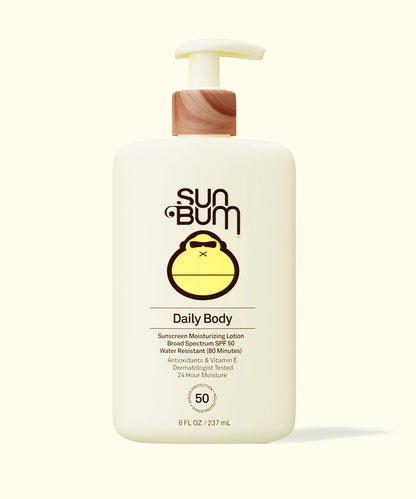 Sun Bum Daily 50 Body Lotion bottle with pump, moisturizing sunscreen SPF 50 in white container