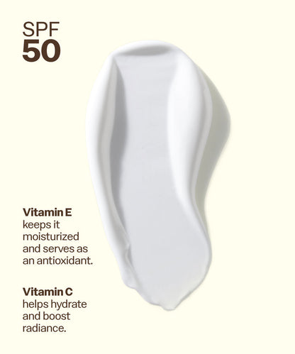 Sun Bum Daily 50 Face Lotion SPF 50 cream texture with Vitamin E and Vitamin C benefits shown on a light background. Vitamin E
keeps it
moisturized and serves as an antioxidant.
Vitamin C
helps hydrate and boost radiance.
