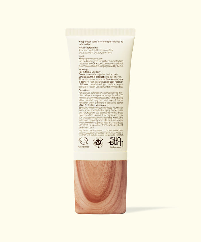 Sun Bum Daily 50 Face Lotion bottle showing back label with directions, ingredients, and warnings on white background.