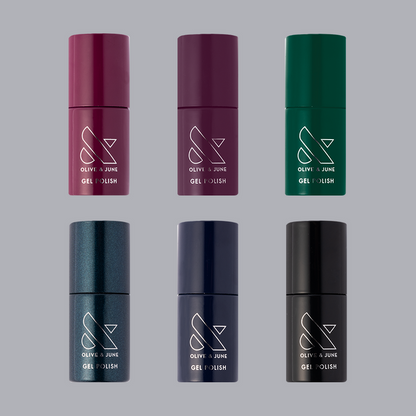 Dark & Moody Gel System six gel polish bottles in rich dark shades including deep purple, green, navy, maroon, emerald, and black