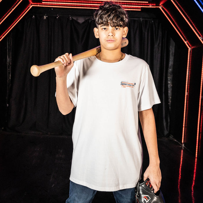 Youth model wearing white youth graphic tee with "Detroit Tigers Drip" design