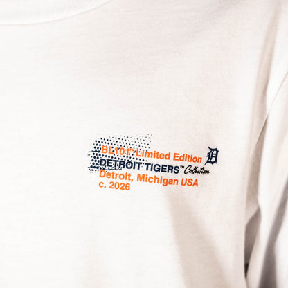 Youth model wearing white youth graphic tee with "Detroit Tigers Drip" design