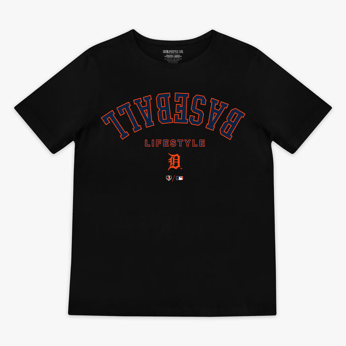 Black youth graphic tee with "Detroit Tigers Upside Down" design — front view