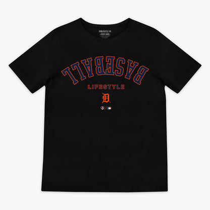 Black youth graphic tee with "Detroit Tigers Upside Down" design — front view