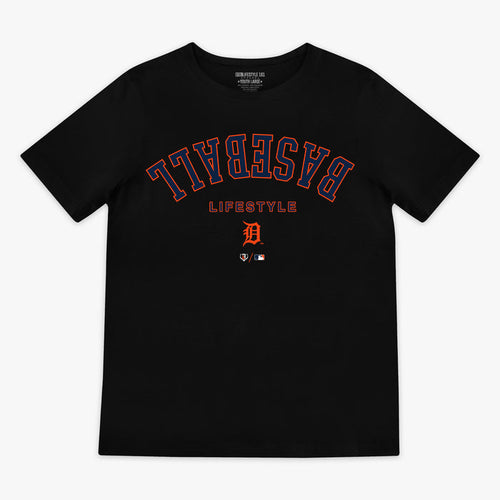 Black youth graphic tee with "Detroit Tigers Upside Down" design — front view