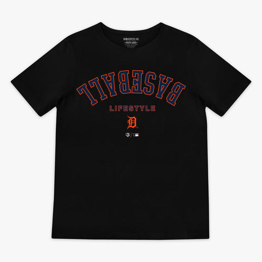 Black youth graphic tee with "Detroit Tigers Upside Down" design — front view