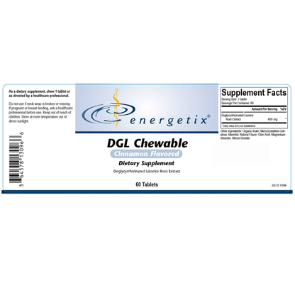 DGL Chewable contains deglycyrrhizinated licorice root extract (DGL) in a cinnamon flavored, chewable tablet.
