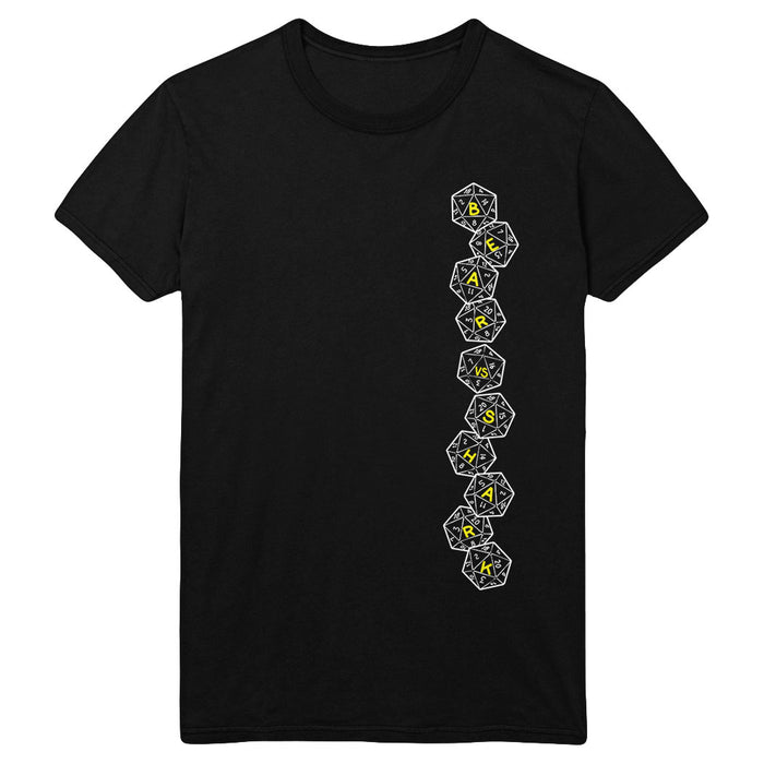 Exclusive bearvsshark black t-shirt with a right-front vertical row of eight white 20-sided dice spelling BARDS AGAINST RACISTS in yellow. Limited edition Comfort Colors release—don’t miss out!.