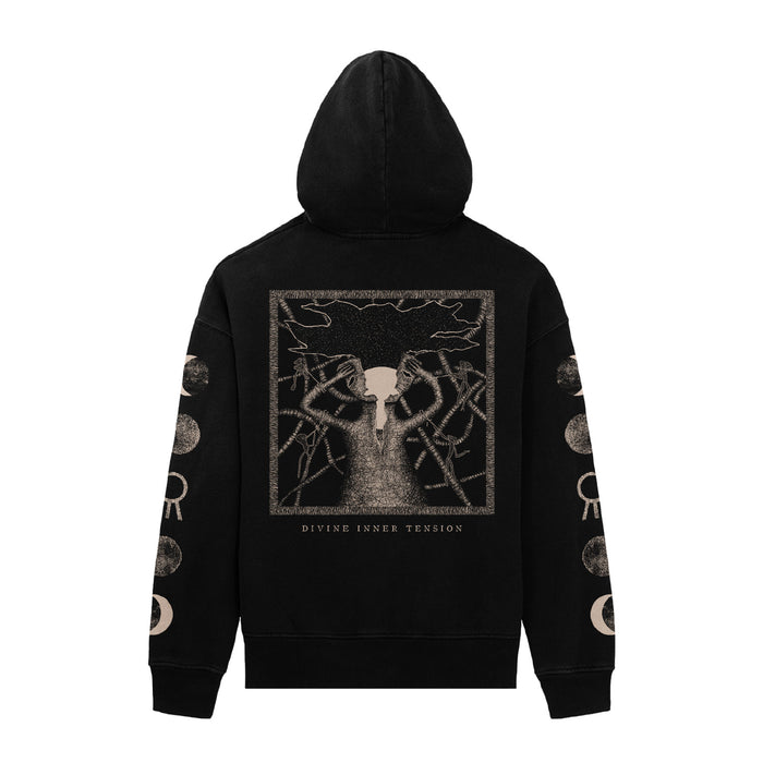 The Hail The Sun hoodie features a striking surreal figure with multiple arms on the back, “DIVINE INNER TENSION” below, and circular sleeve designs, making this pullover truly unique.